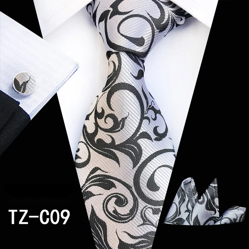 Ricnais Fashion 8cm Men's Silk Tie Set Red Green Floral Handkershief Cufflinks Necktie Suit Business Wedding Neck Ties Set Gift