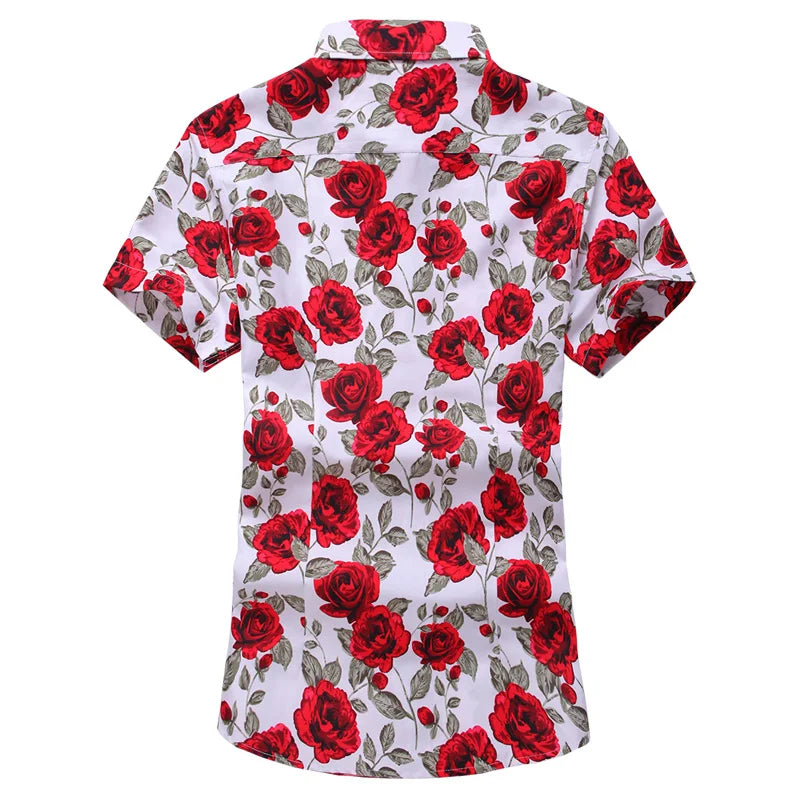 2026 Summer Mens Hawaiian Shirt, Printed Short Sleeve Asian Sizes Hawaii Rose Flower Beach Floral Patterns Shirts S-7XL