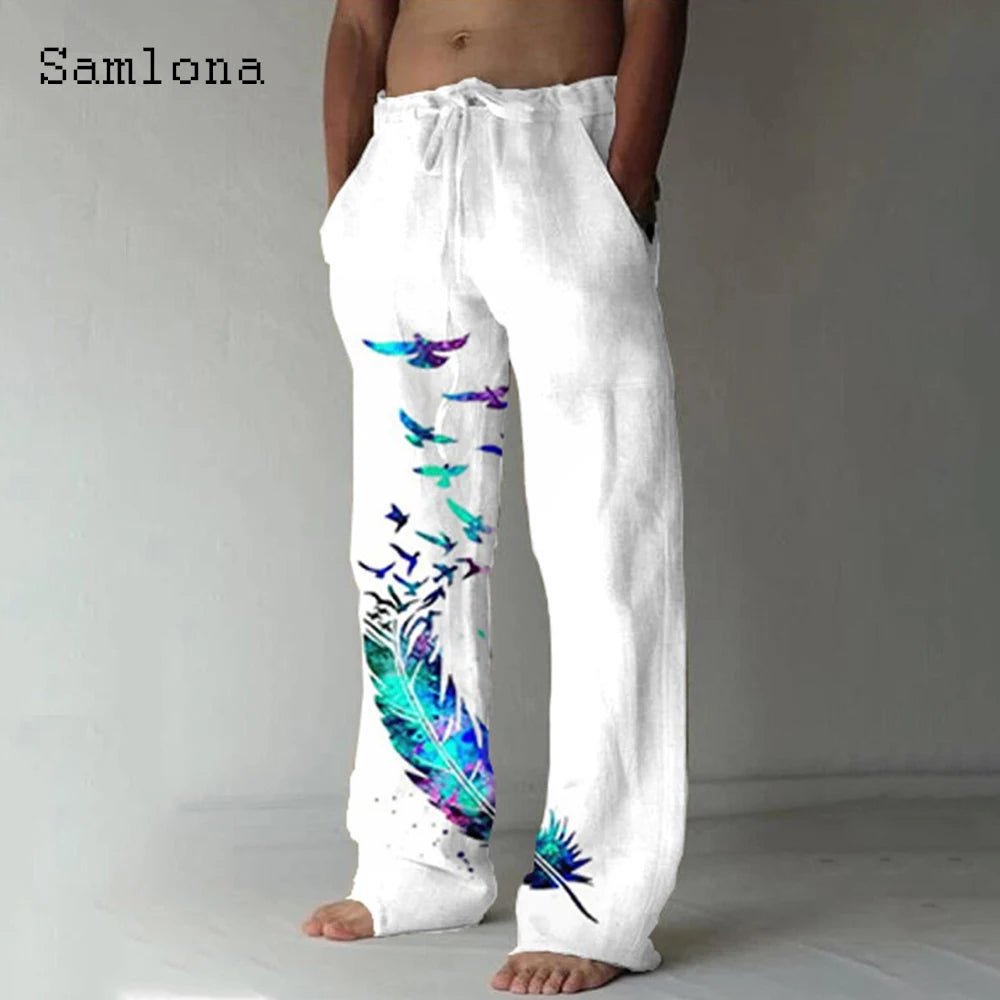 Samlona 2025 Men's Pocket Design Linen Pants Drawstring Loose Trouser Plus Size 3xl Mens Fashion Birds Feather Print Sweatpants