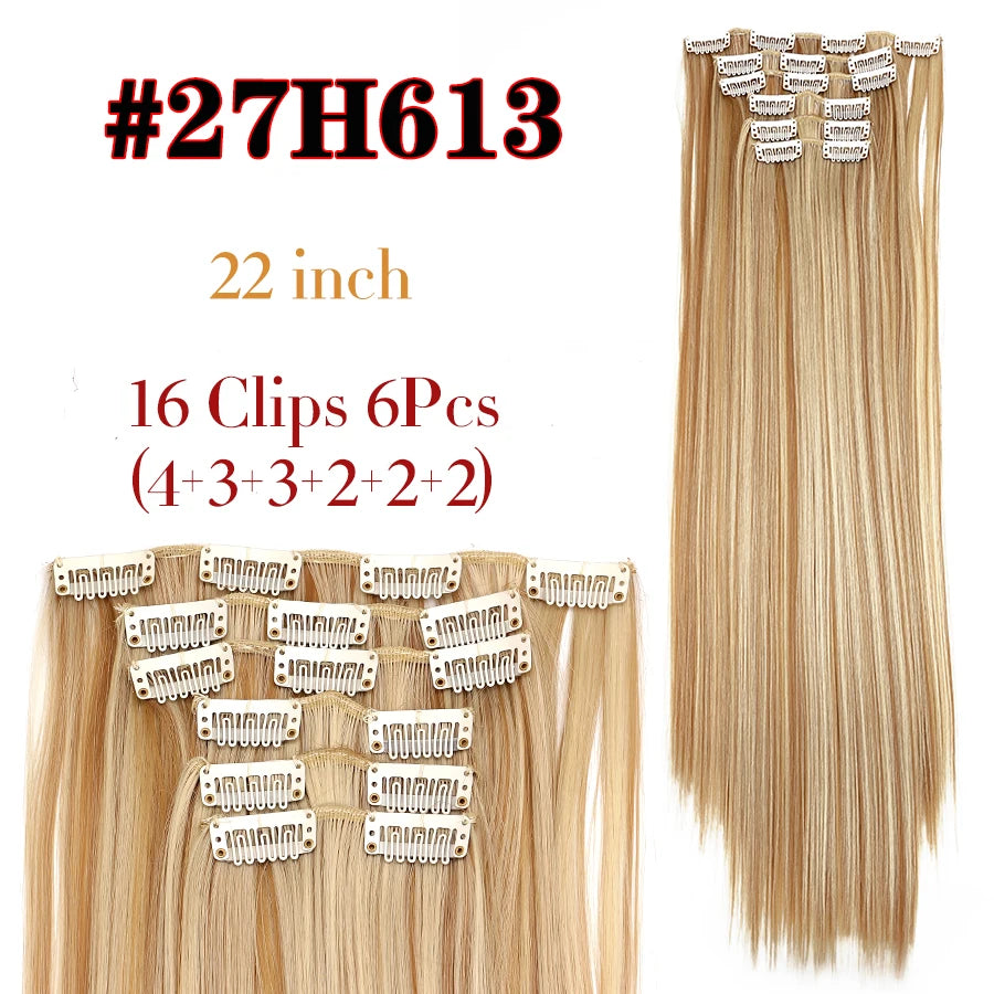 Clip-In Hair Extensions Syntetic Hair 22Inch Long Wave Hair Extensions Ombre Cclip-In One Piece 6Pcs/Set Fake Hairpiece