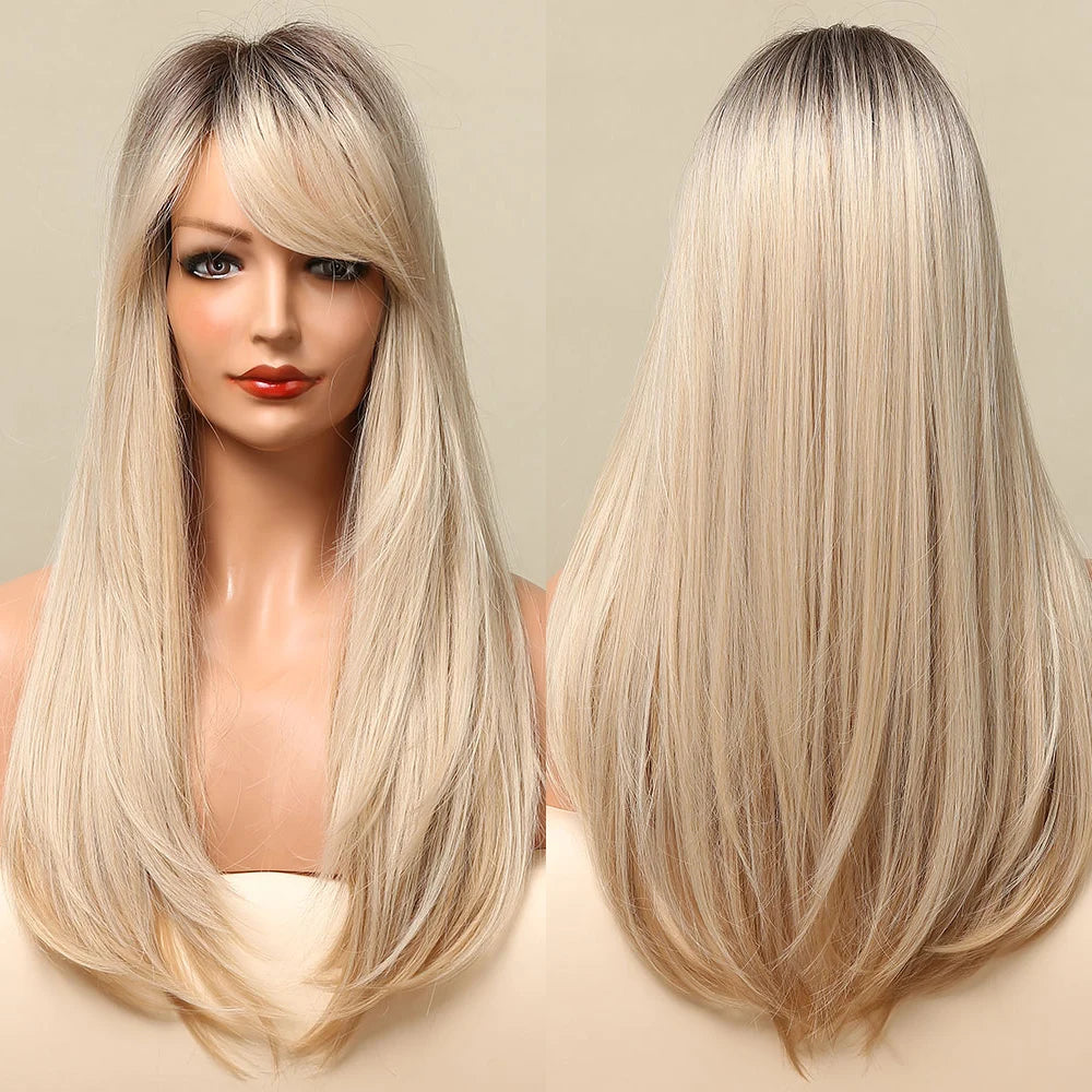 ALAN EATON Long Straight Layered Synthetic Wigs with Bangs Blonde Highlights on Brown Wigs for Black Women Afro Daily Party Hair