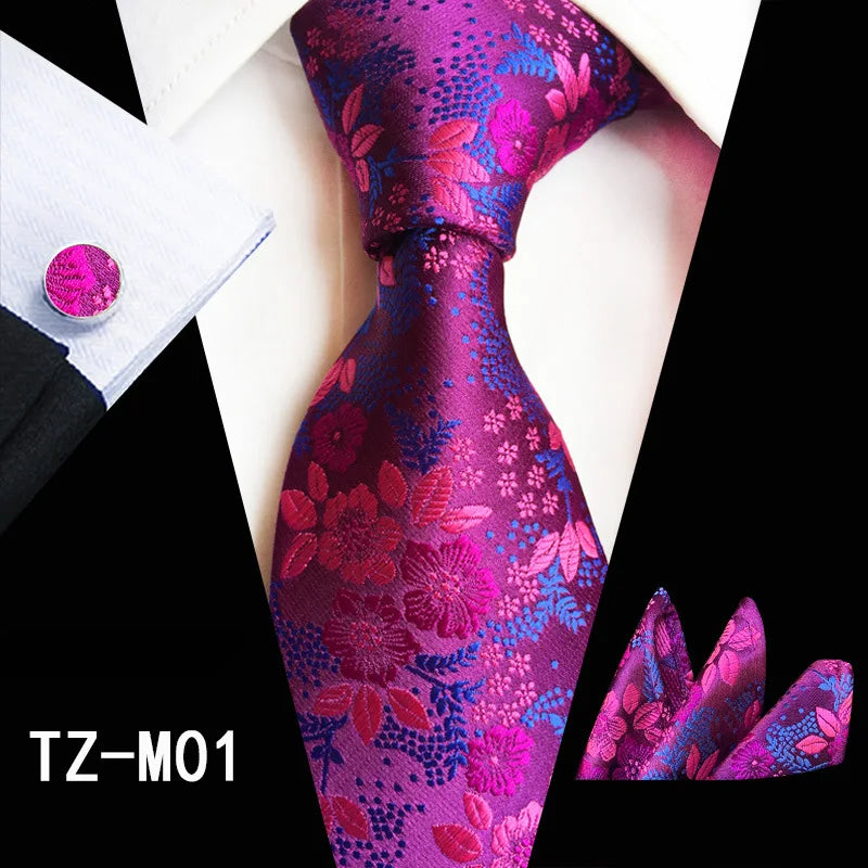 Ricnais Fashion 8cm Men's Silk Tie Set Red Green Floral Handkershief Cufflinks Necktie Suit Business Wedding Neck Ties Set Gift