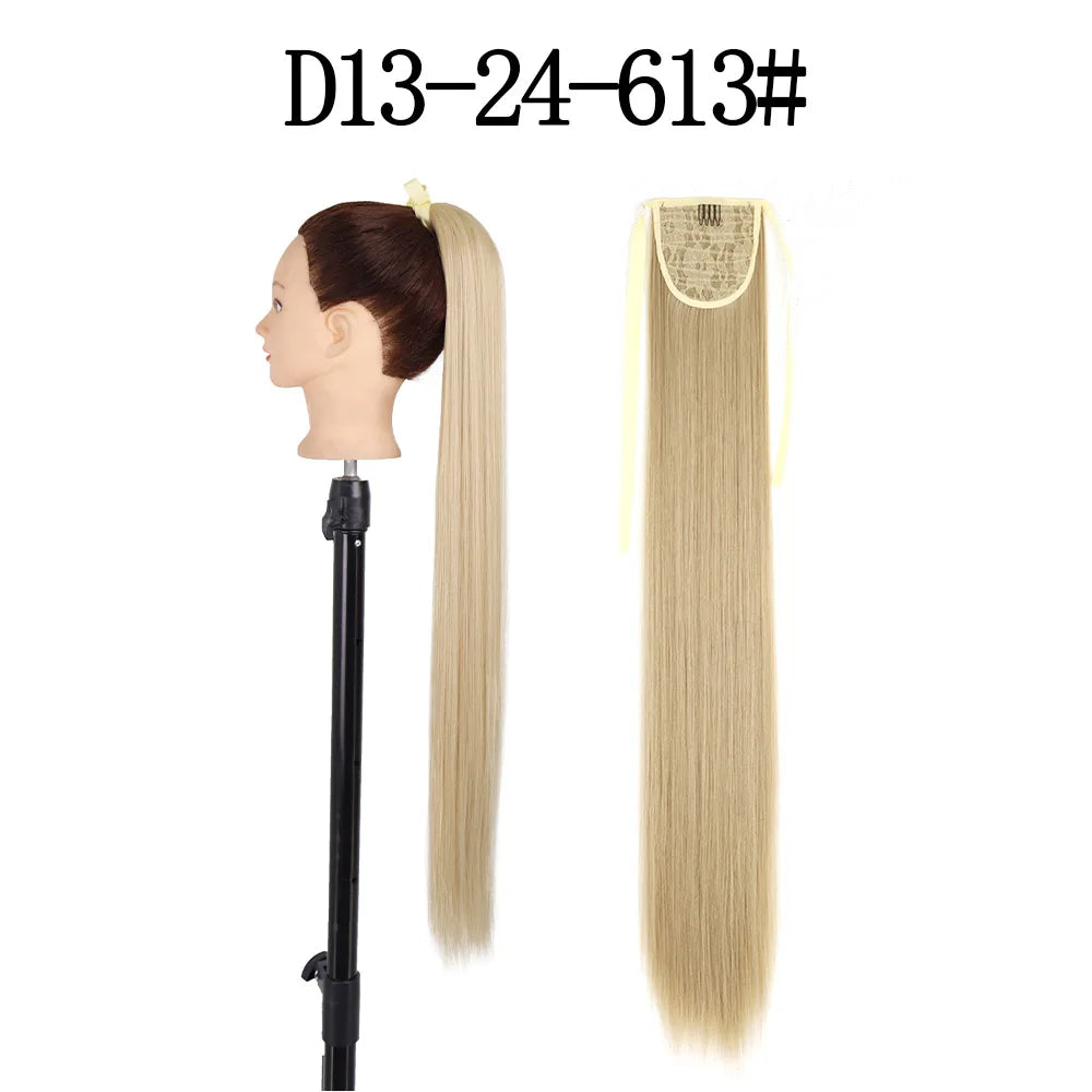 LISI GIRL Synthetic 34" 22" Long Straight Ribbon Fake Ponytails Clip on Hair Tail Extensions Black Hair Pieces With Hairpins