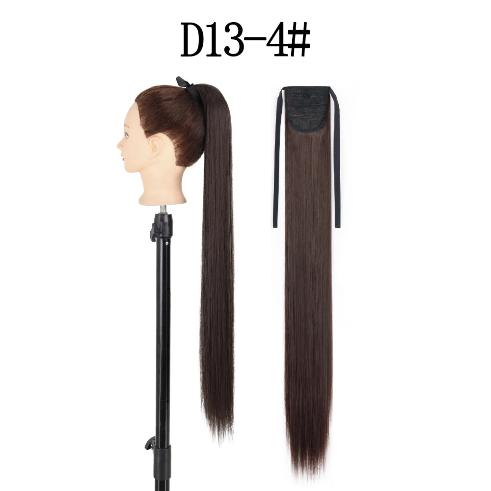 LISI GIRL Synthetic 34" 22" Long Straight Ribbon Fake Ponytails Clip on Hair Tail Extensions Black Hair Pieces With Hairpins