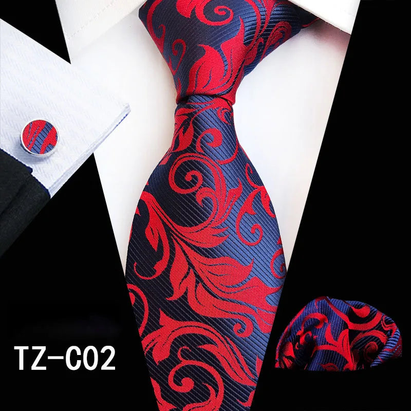 Ricnais Fashion 8cm Men's Silk Tie Set Red Green Floral Handkershief Cufflinks Necktie Suit Business Wedding Neck Ties Set Gift