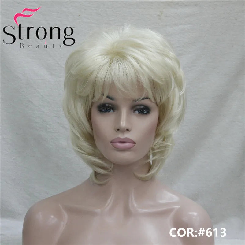 StrongBeauty Short Layered Brown with Blonde Highlighted Classic Cap Full Synthetic Wig Women's Hair Wigs for Women