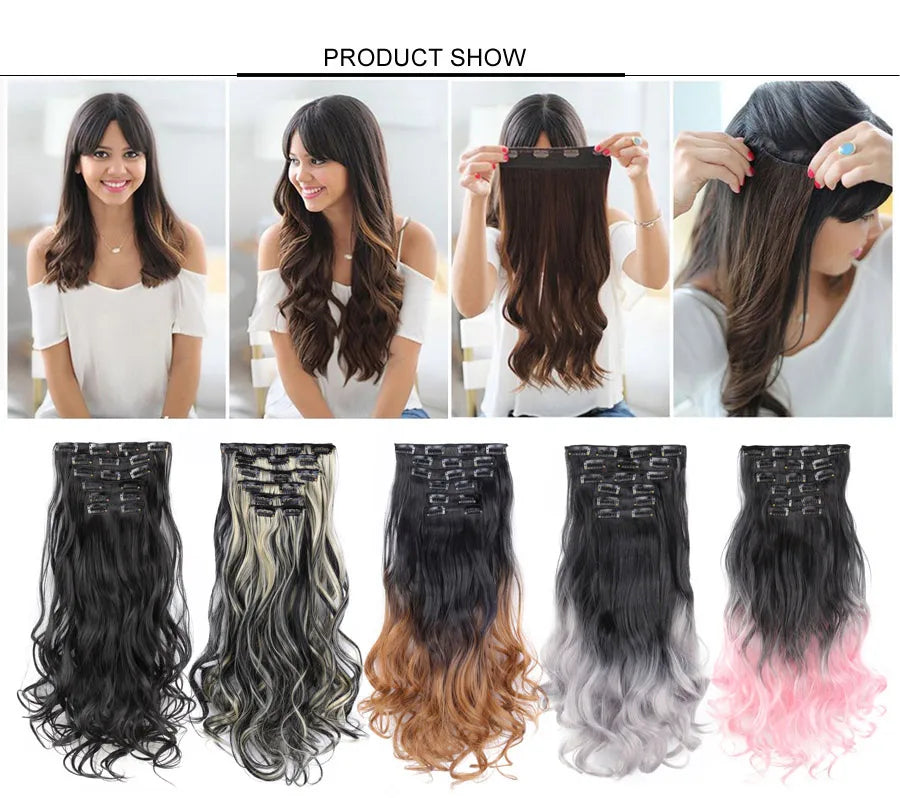 Clip-In Hair Extensions Syntetic Hair 22Inch Long Wave Hair Extensions Ombre Cclip-In One Piece 6Pcs/Set Fake Hairpiece