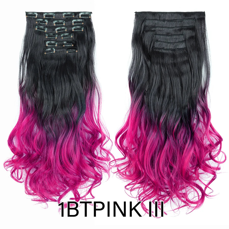 Clip-In Hair Extensions Syntetic Hair 22Inch Long Wave Hair Extensions Ombre Cclip-In One Piece 6Pcs/Set Fake Hairpiece