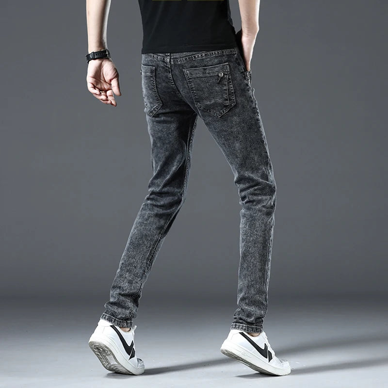 Trendy Men Skinny Jeans Retro Washed Snowflake Slim Fit Type Classic Simple Casual Fashion Street Skateboarding Denim Pants