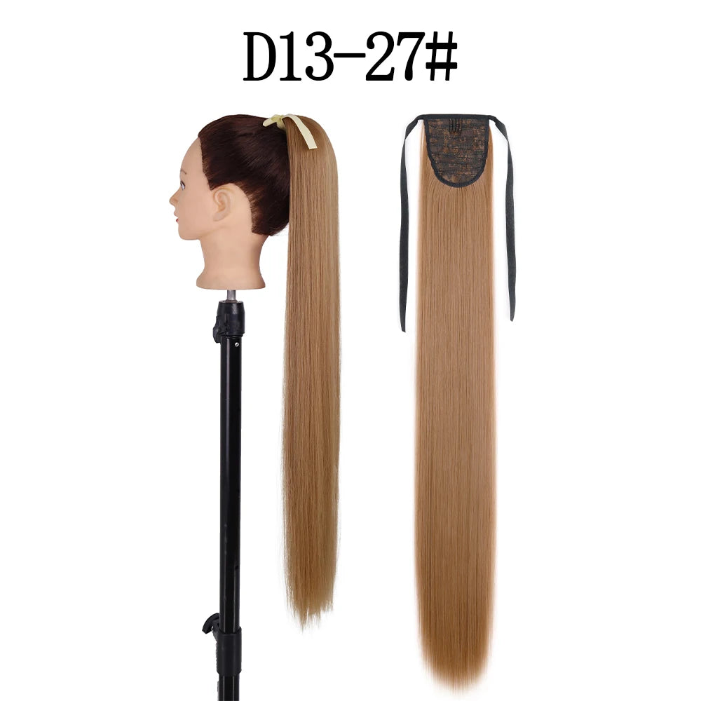 LISI GIRL Synthetic 34" 22" Long Straight Ribbon Fake Ponytails Clip on Hair Tail Extensions Black Hair Pieces With Hairpins