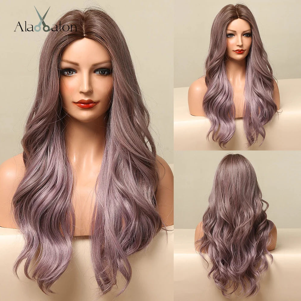 ALAN EATON Long Wave Dark Brown Synthetic Wigs for Black Women Middle Parted Wigs with Highlights Cosplay Hair Heat Resistant