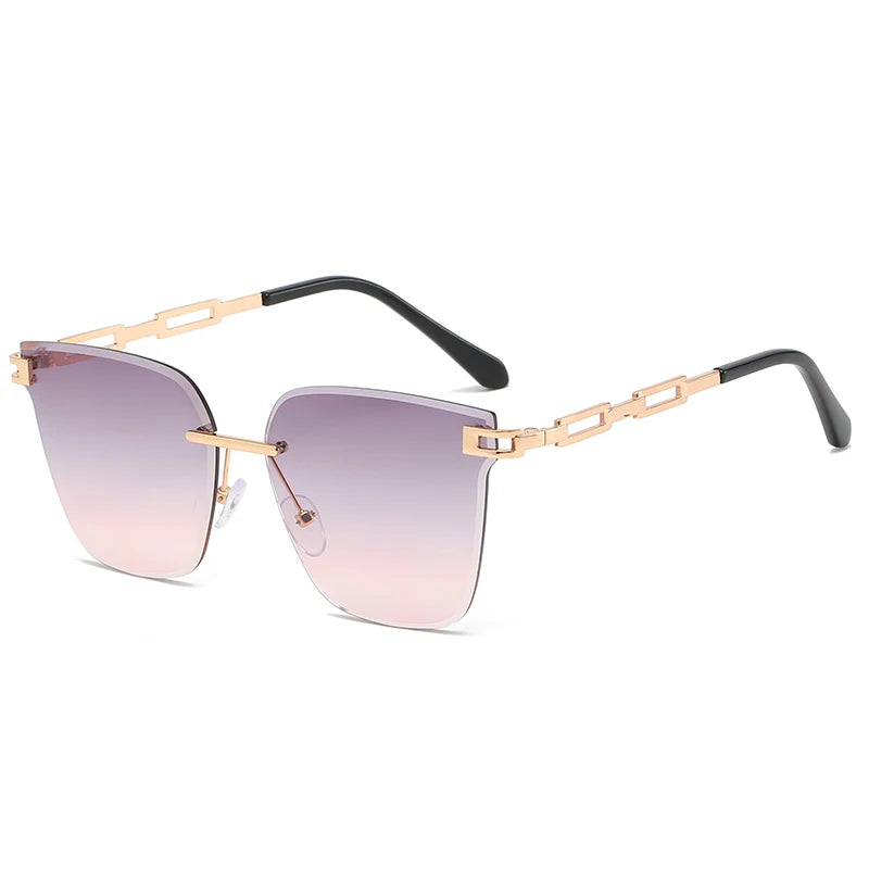 New Sunglasses Women Rimless Cat Eye Eyewear Gradient Brown Cutting Lens Sun Glasses For Female Alloy Eyeglasses Brand Designer