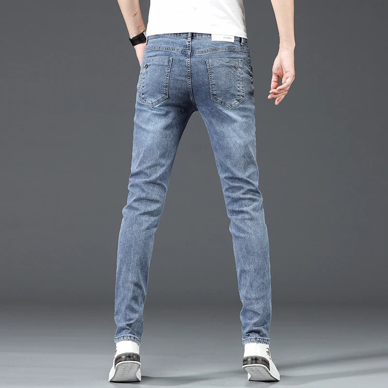 Trendy Men Skinny Jeans Retro Washed Snowflake Slim Fit Type Classic Simple Casual Fashion Street Skateboarding Denim Pants