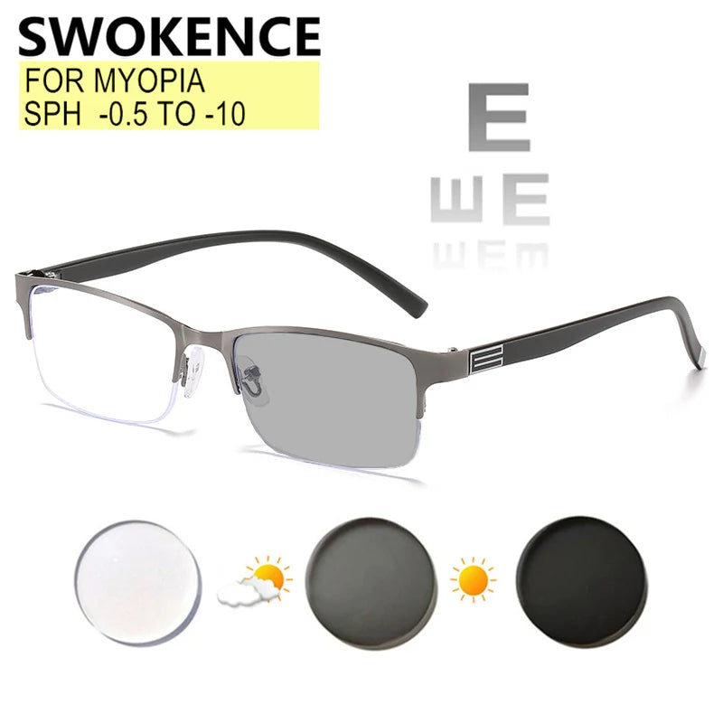 Myopia Prescription Glasses -0.5 TO -10 Men Women Business Half Frame Anti Blue Ray Photochromic Shortsighted Spectacles F518