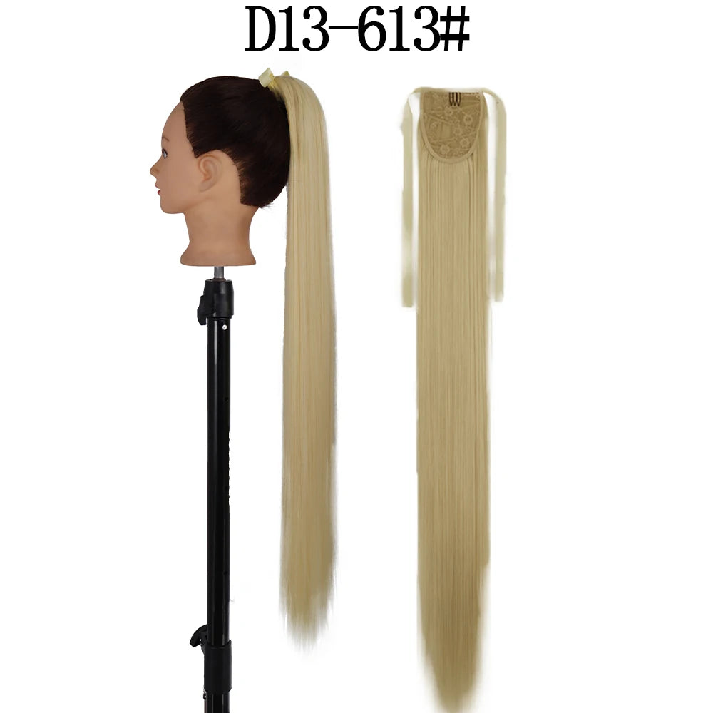 LISI GIRL Synthetic 34" 22" Long Straight Ribbon Fake Ponytails Clip on Hair Tail Extensions Black Hair Pieces With Hairpins