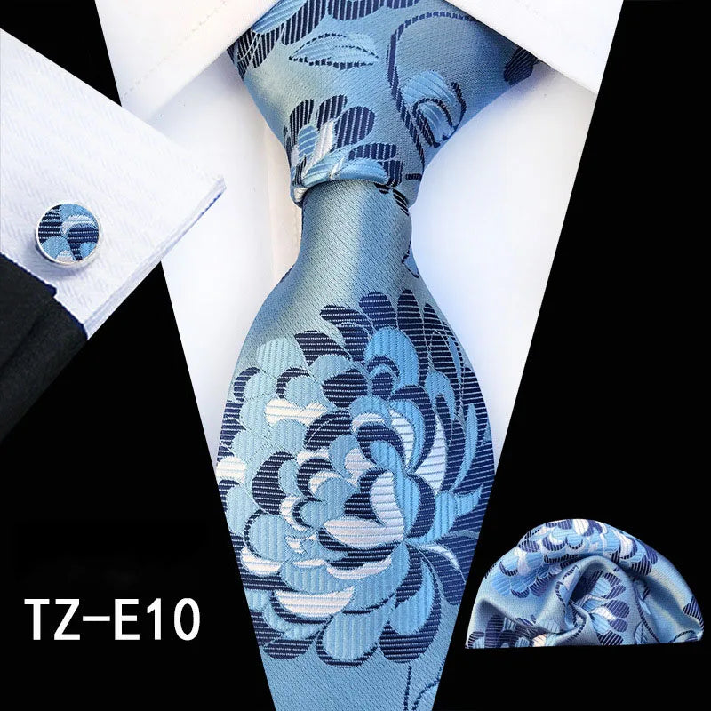 Ricnais Fashion 8cm Men's Silk Tie Set Red Green Floral Handkershief Cufflinks Necktie Suit Business Wedding Neck Ties Set Gift
