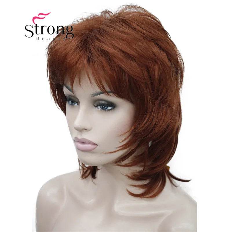 StrongBeauty Short Layered Brown with Blonde Highlighted Classic Cap Full Synthetic Wig Women's Hair Wigs for Women