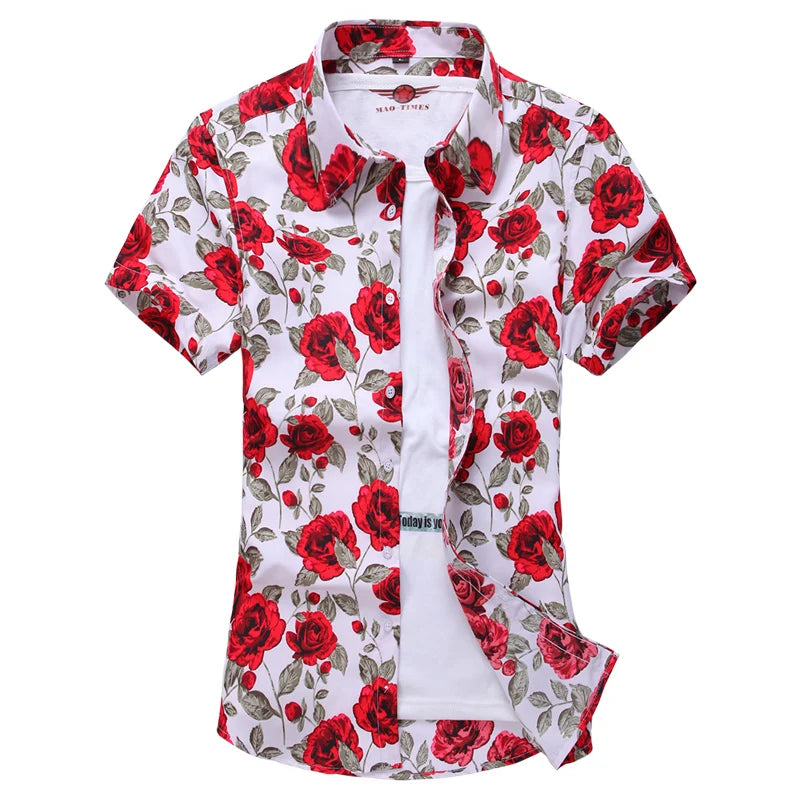 2026 Summer Mens Hawaiian Shirt, Printed Short Sleeve Asian Sizes Hawaii Rose Flower Beach Floral Patterns Shirts S-7XL