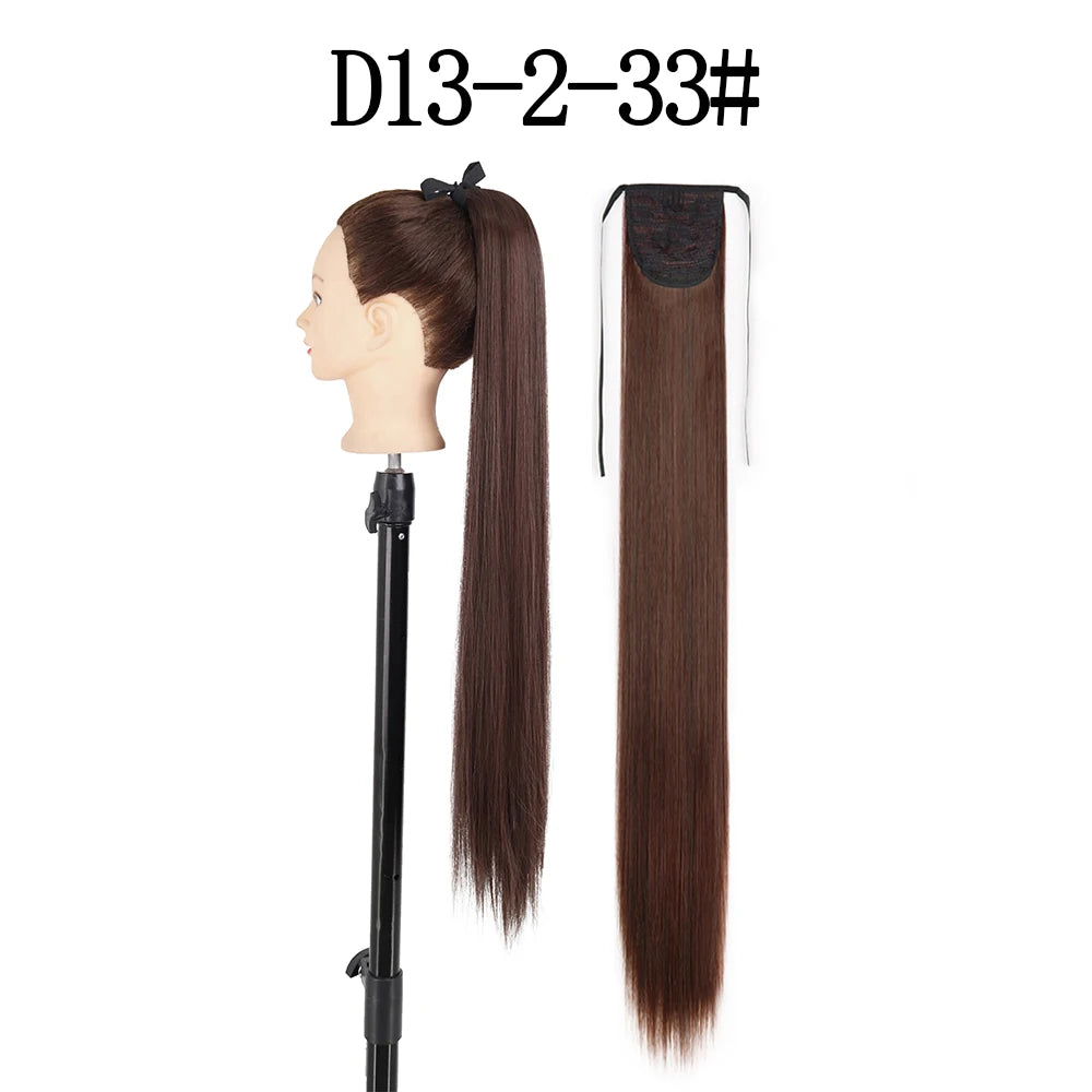 LISI GIRL Synthetic 34" 22" Long Straight Ribbon Fake Ponytails Clip on Hair Tail Extensions Black Hair Pieces With Hairpins