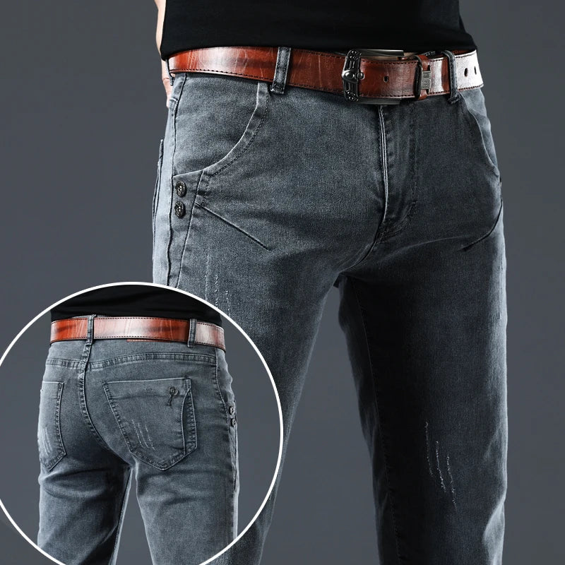 Trendy Men Skinny Jeans Retro Washed Snowflake Slim Fit Type Classic Simple Casual Fashion Street Skateboarding Denim Pants