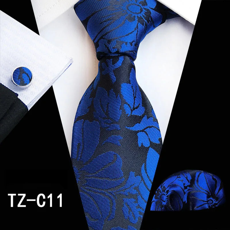 Ricnais Fashion 8cm Men's Silk Tie Set Red Green Floral Handkershief Cufflinks Necktie Suit Business Wedding Neck Ties Set Gift