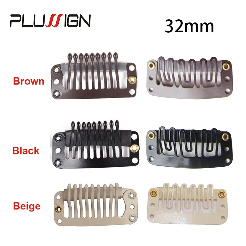 Plussign 10Pcs/Lot Brown Black Rubber Wig Clips and Combs For Hair Extensions 32mm Wire Shape Wig Cap Clips For Sale