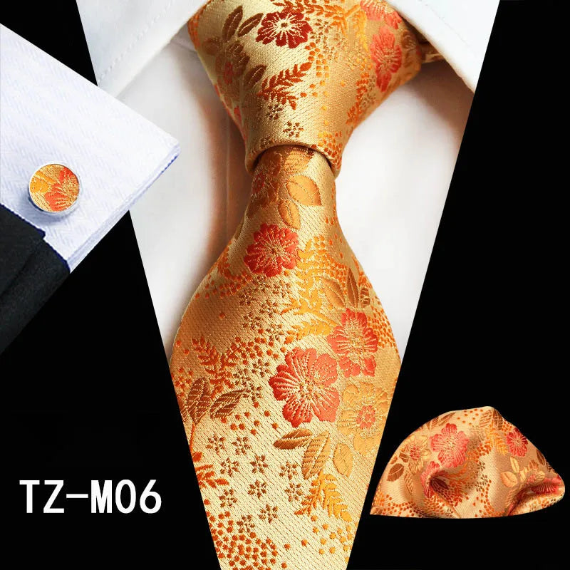 Ricnais Fashion 8cm Men's Silk Tie Set Red Green Floral Handkershief Cufflinks Necktie Suit Business Wedding Neck Ties Set Gift