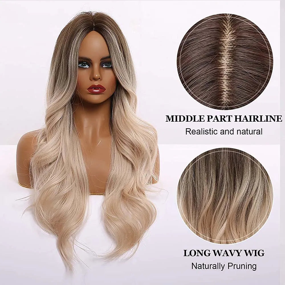 EASIHAIR Ombre Brown Light Blonde Platinum Long Wavy Middle Part Hair Wig Cosplay Natural Heat Resistant Synthetic Wig for Women