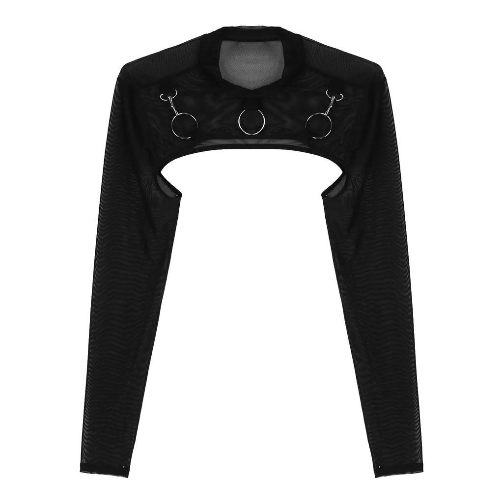 MSemis Male Mens Transparent Moto Sexy Tops Long Sleeve O-Ring Decor T-Shirt See-Through Mesh Half Crop Top Party Clubwear