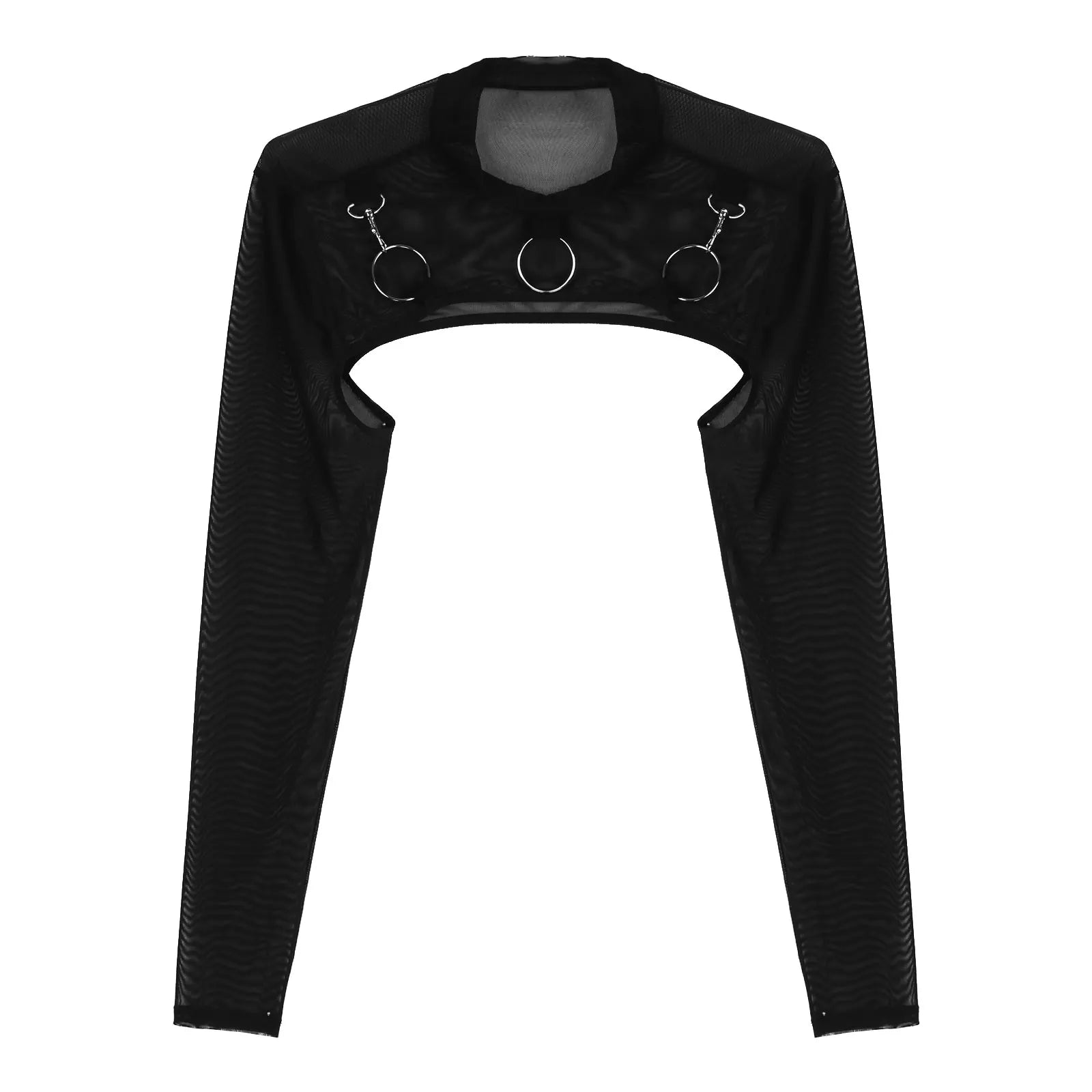 MSemis Male Mens Transparent Moto Sexy Tops Long Sleeve O-Ring Decor T-Shirt See-Through Mesh Half Crop Top Party Clubwear