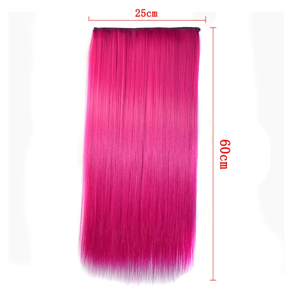 Synthetic Natural 5 Clip In Hair Extensions Fake Single Pink Straight False Hair Piece Hairstyle For Women 24inch