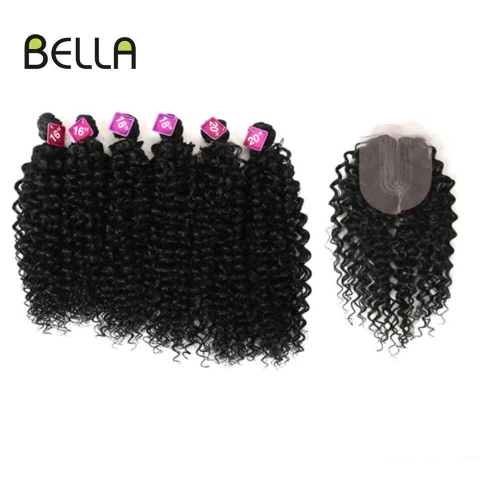 FASHION IDOL 16 18 20inch 240g/7pcs Afro Kinky Curly Hair Synthetic With Closure Ombre Color Kinky Curly Bundles Hair Extensions