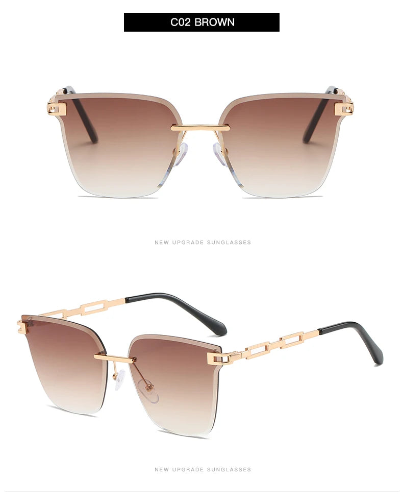 New Sunglasses Women Rimless Cat Eye Eyewear Gradient Brown Cutting Lens Sun Glasses For Female Alloy Eyeglasses Brand Designer