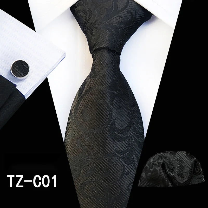 Ricnais Fashion 8cm Men's Silk Tie Set Red Green Floral Handkershief Cufflinks Necktie Suit Business Wedding Neck Ties Set Gift