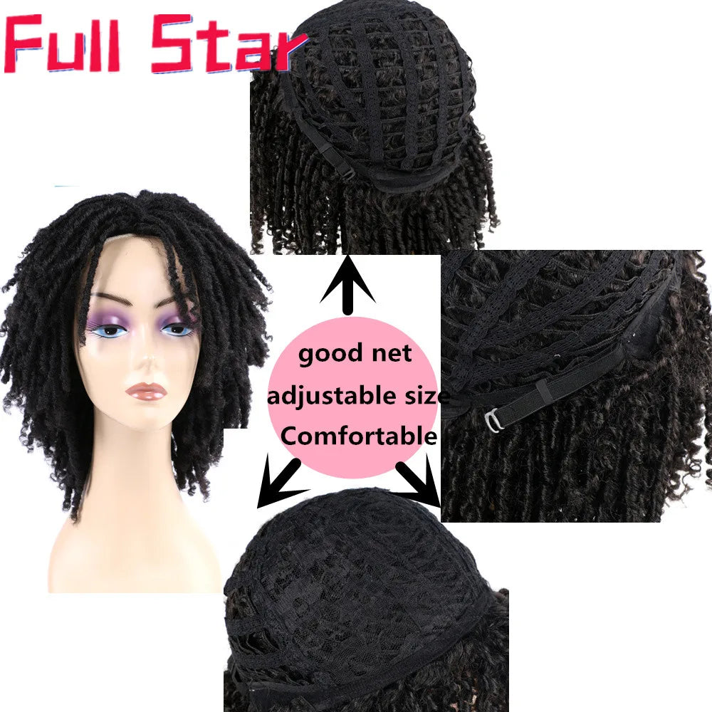 Full Star 14“ Dreadlock Curly Wigs for Black Woman Ombre Burgundy Brown Color Short Curly Soul Locs Braids Wigs Party Daily Use