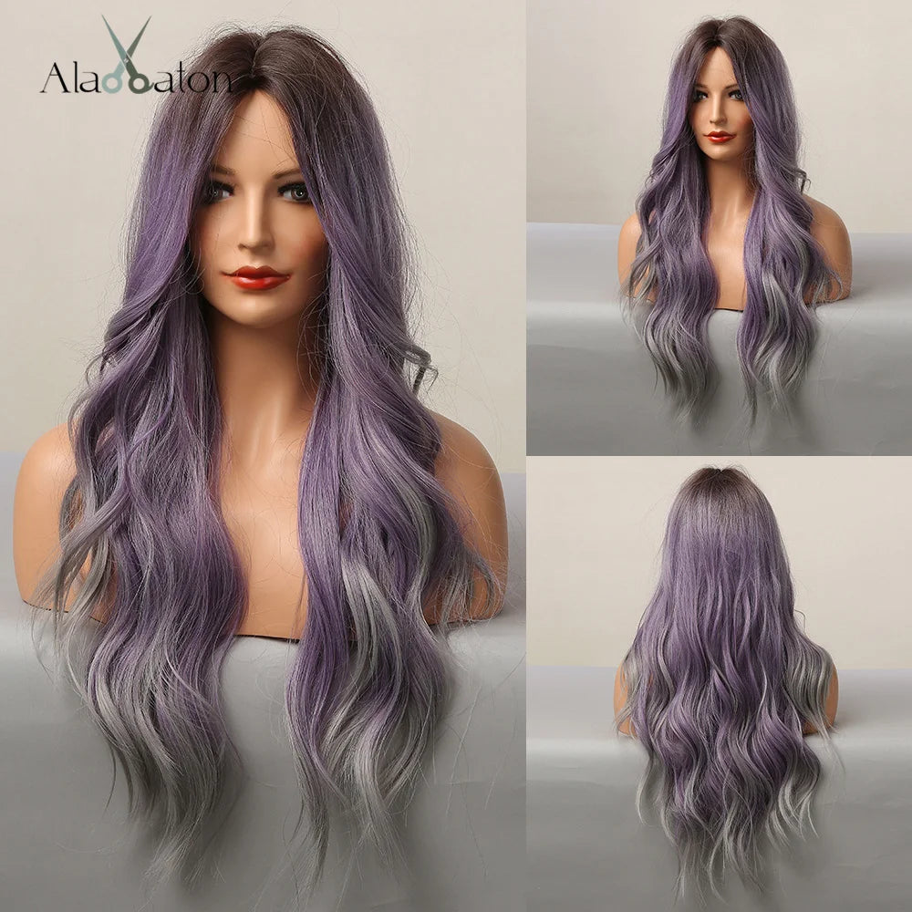 ALAN EATON Long Wave Dark Brown Synthetic Wigs for Black Women Middle Parted Wigs with Highlights Cosplay Hair Heat Resistant