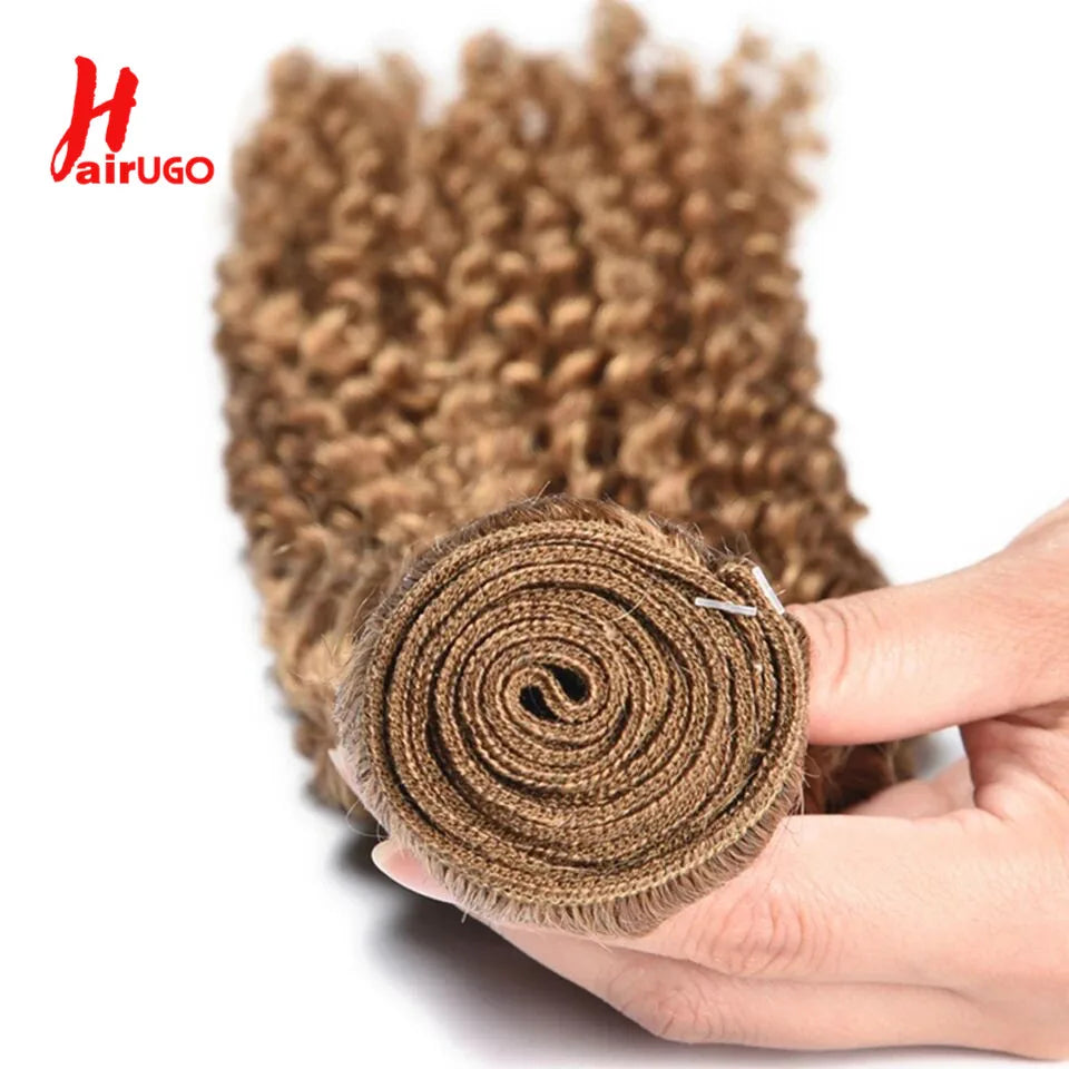 HairUGo Brazilian Kinky Curly Hair Bundles 27# Brown Remy 1/2/3 Kinky Curly Human Hair Weave Hair Extensions Blonde Hair Weaving