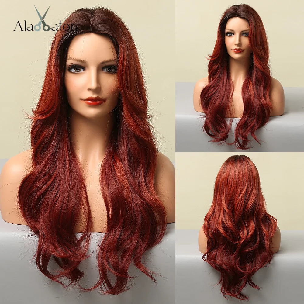 ALAN EATON Long Wave Dark Brown Synthetic Wigs for Black Women Middle Parted Wigs with Highlights Cosplay Hair Heat Resistant