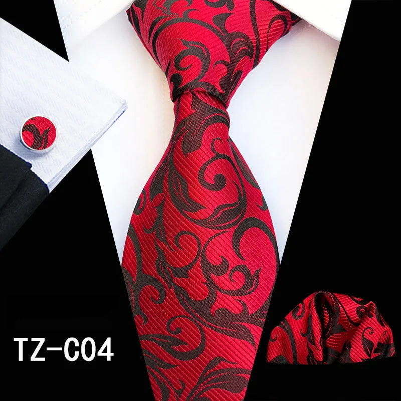 Ricnais Fashion 8cm Men's Silk Tie Set Red Green Floral Handkershief Cufflinks Necktie Suit Business Wedding Neck Ties Set Gift