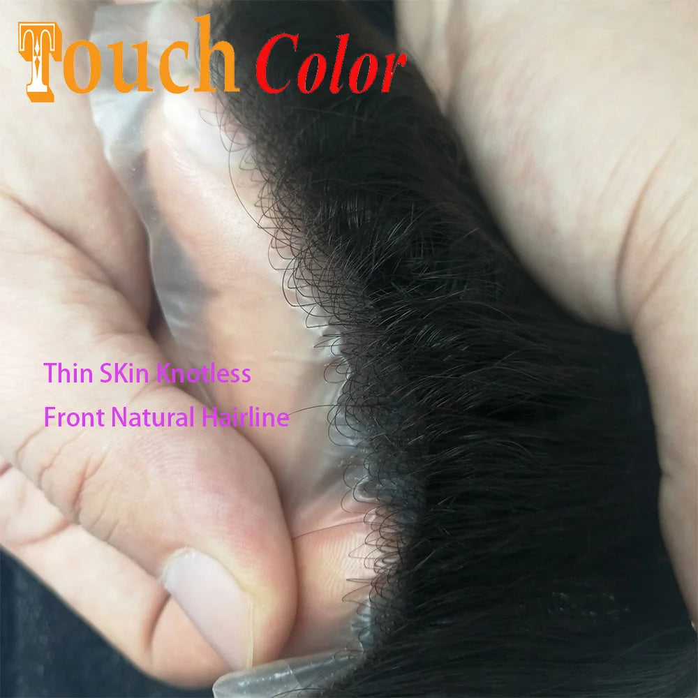 Men Toupees Real Hair Replacement Systems Thin Skin base Indian Human Remy Hair Toupee with Tapes Hairpiece Male Wig Touchcolor