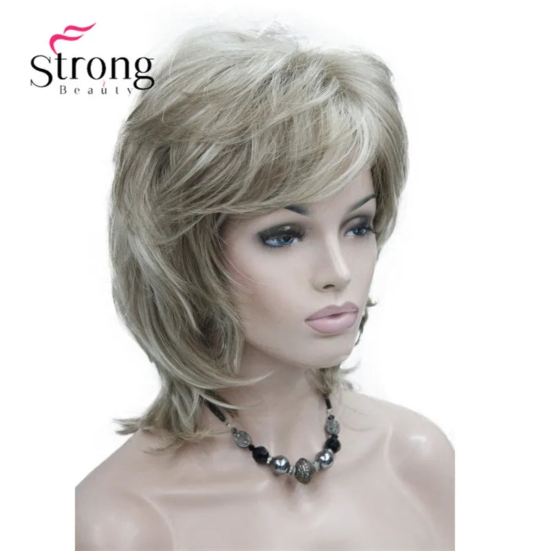 StrongBeauty Short Layered Brown with Blonde Highlighted Classic Cap Full Synthetic Wig Women's Hair Wigs for Women