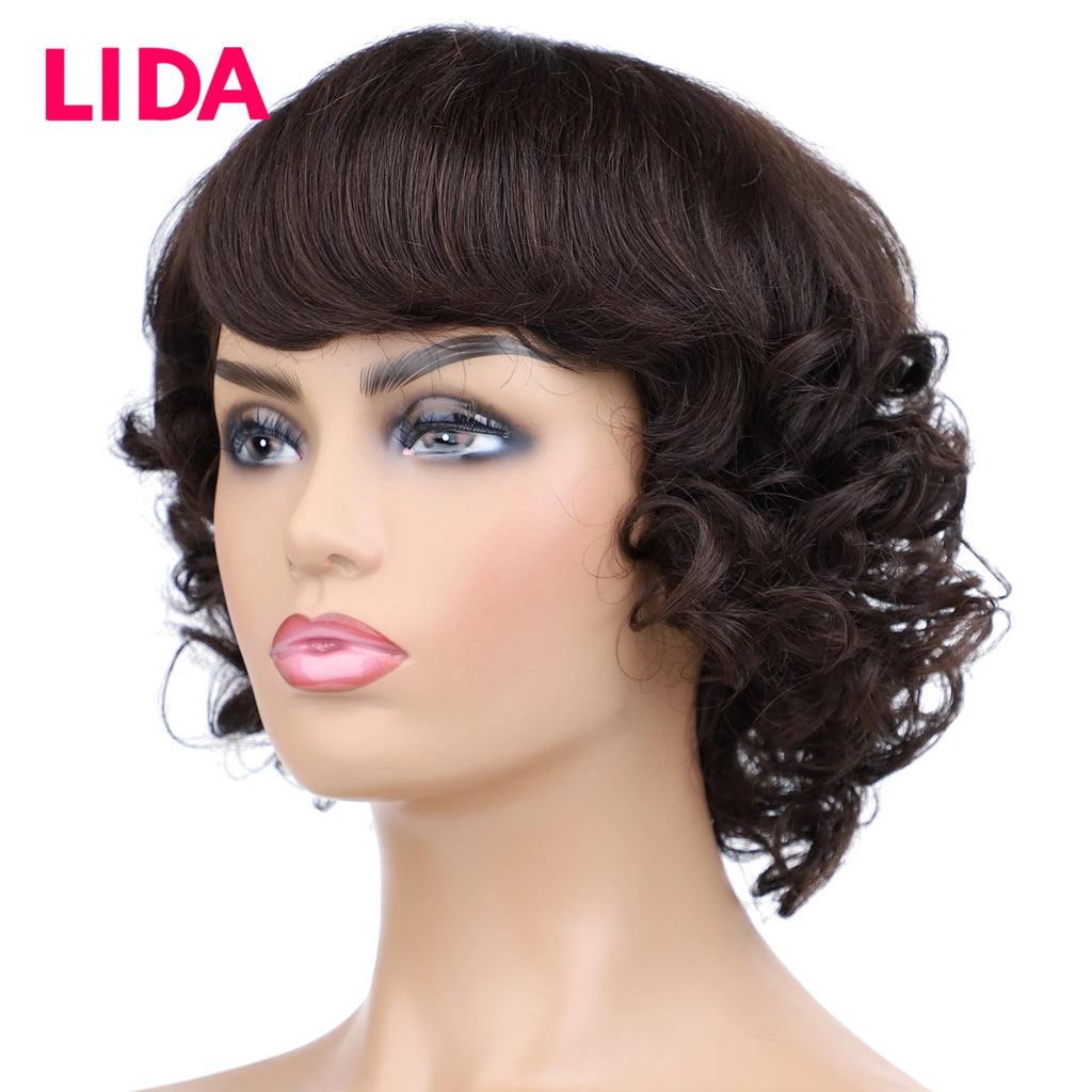 LIDA Curly Human Hair Wigs 100% Human Hair 8'' Malaysian Curly Human Hair Non Remy Women Wigs 150% Density Machine Made Wig