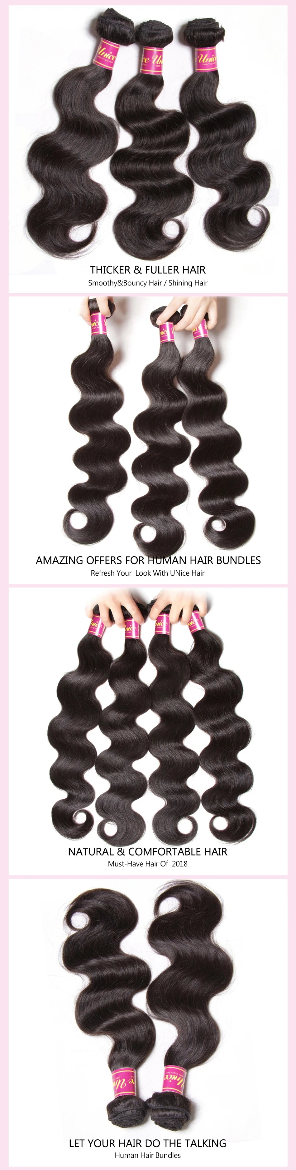 UNice Body Wave Human Human Hair Bundles 4PCS/Lot 100% Remy Hair Weaving Natural Color Human Hair Weaves 8-30inch Free Shipping