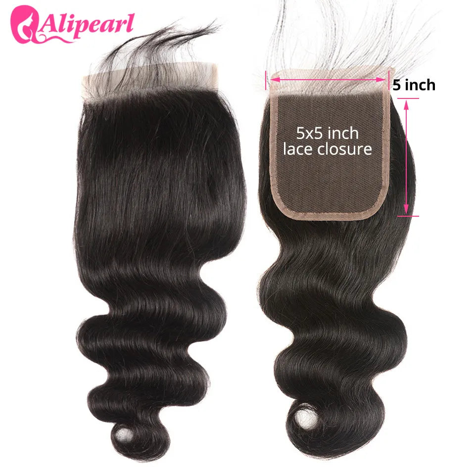AliPearl Hair Body Wave 5x5 Lace Closure Free Part Brazilian Human Hair Lace Closure With Baby Hair Pre-Plucked Natural Color