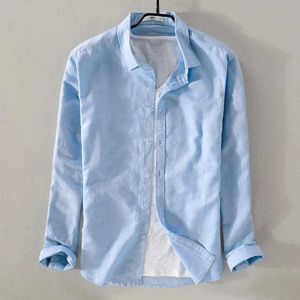 New style sky blue shirt men brand linen solid fashion long sleeve square collar cotton shirts for men camisas chemise