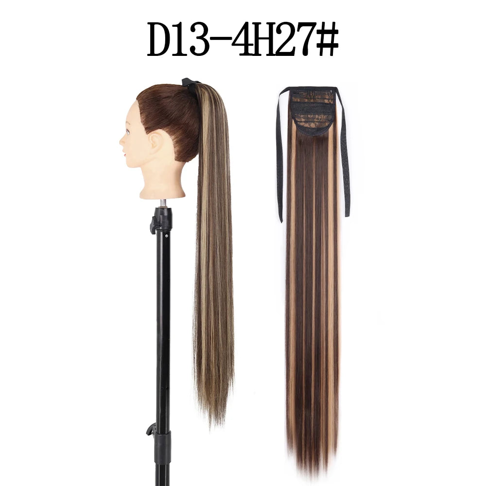 LISI GIRL Synthetic 34" 22" Long Straight Ribbon Fake Ponytails Clip on Hair Tail Extensions Black Hair Pieces With Hairpins