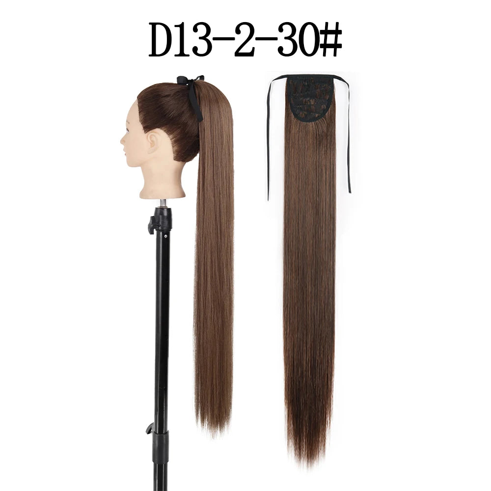 LISI GIRL Synthetic 34" 22" Long Straight Ribbon Fake Ponytails Clip on Hair Tail Extensions Black Hair Pieces With Hairpins