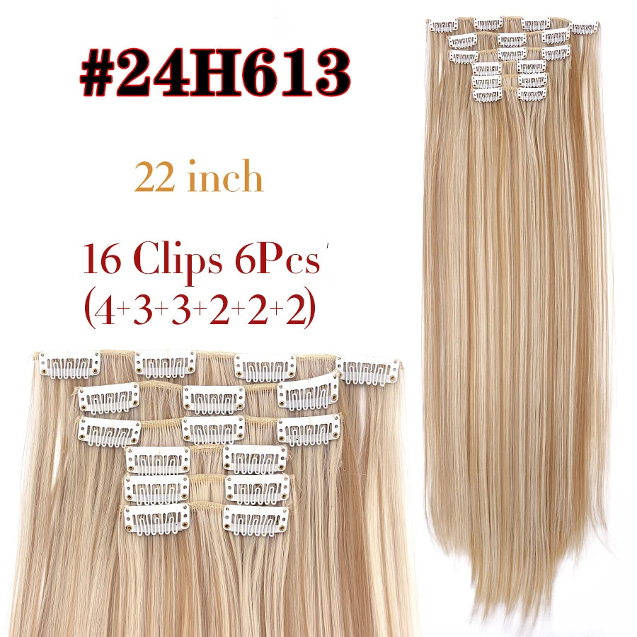 Clip-In Hair Extensions Syntetic Hair 22Inch Long Wave Hair Extensions Ombre Cclip-In One Piece 6Pcs/Set Fake Hairpiece