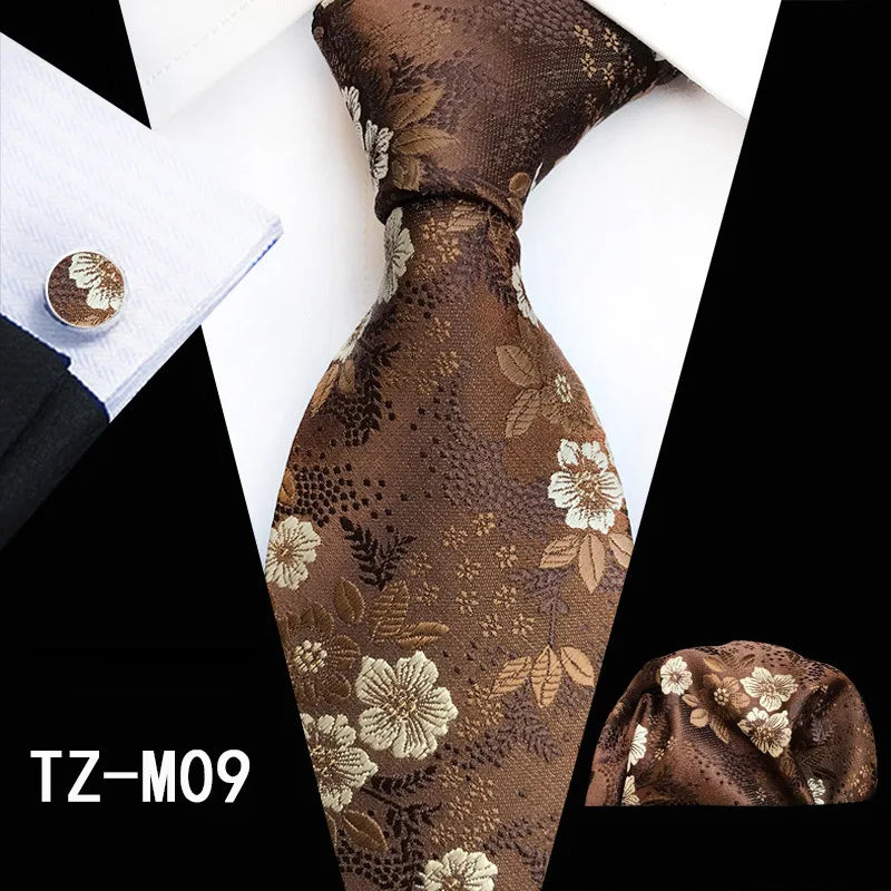 Ricnais Fashion 8cm Men's Silk Tie Set Red Green Floral Handkershief Cufflinks Necktie Suit Business Wedding Neck Ties Set Gift