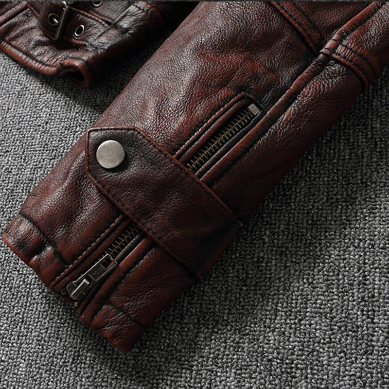 Top layer Cow Oversized Leather Jacket Red-Brown American retro Motorcycle Style Color Distressed High Sense Coat